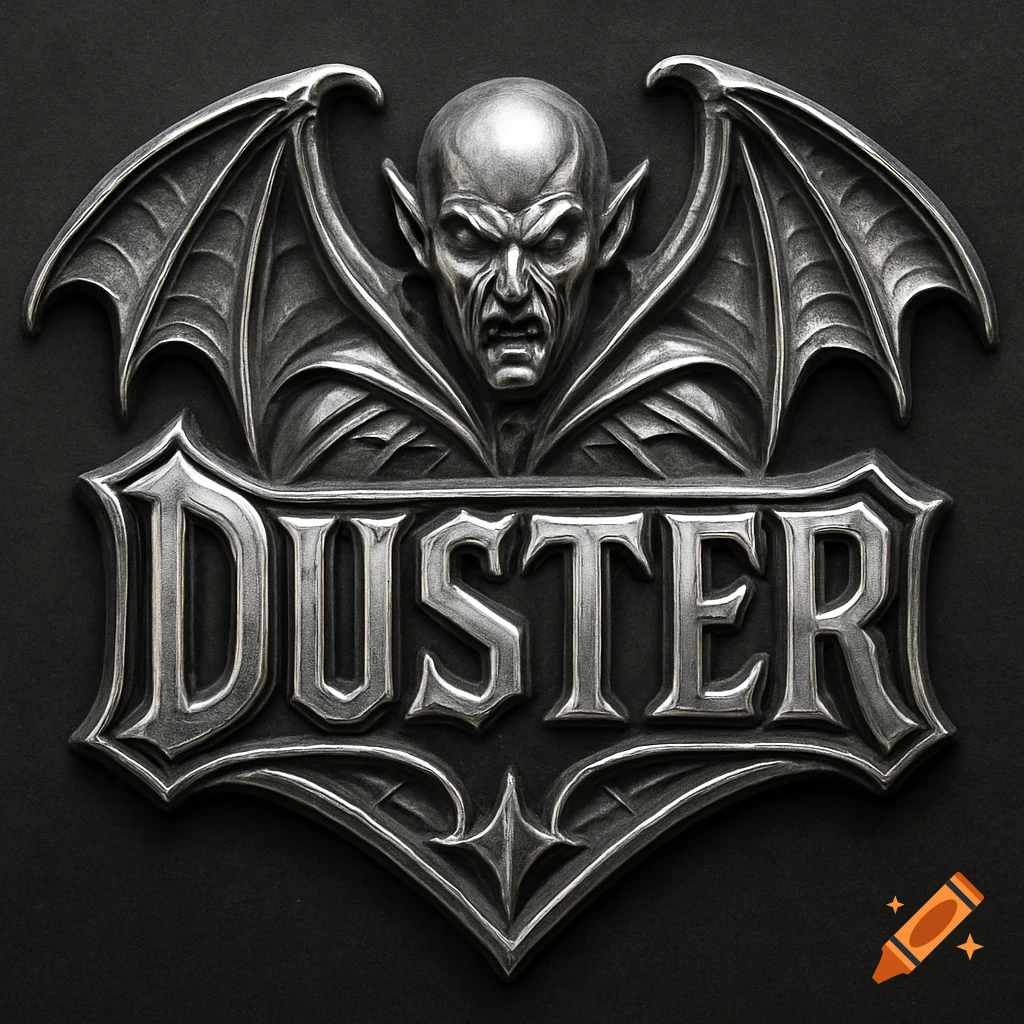 Chrome gothic car emblem with a vampire face, bat wings, and the word DUSTER.