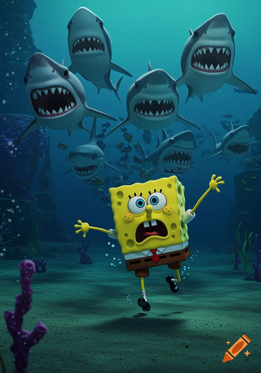 Cartoon Spongebob runs scared from multiple sharks underwater.