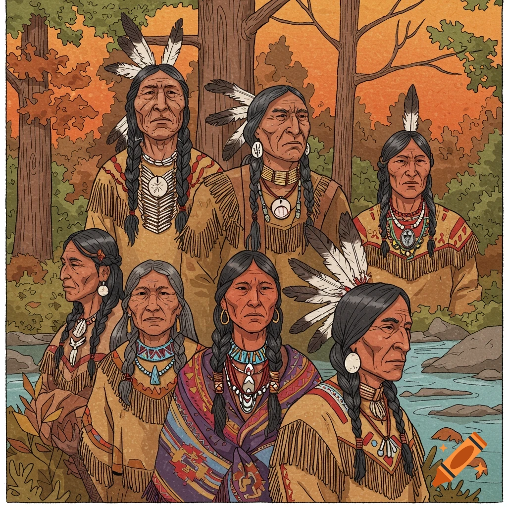 Illustration of a group of Indigenous people in traditional clothing by a river in an autumn forest.