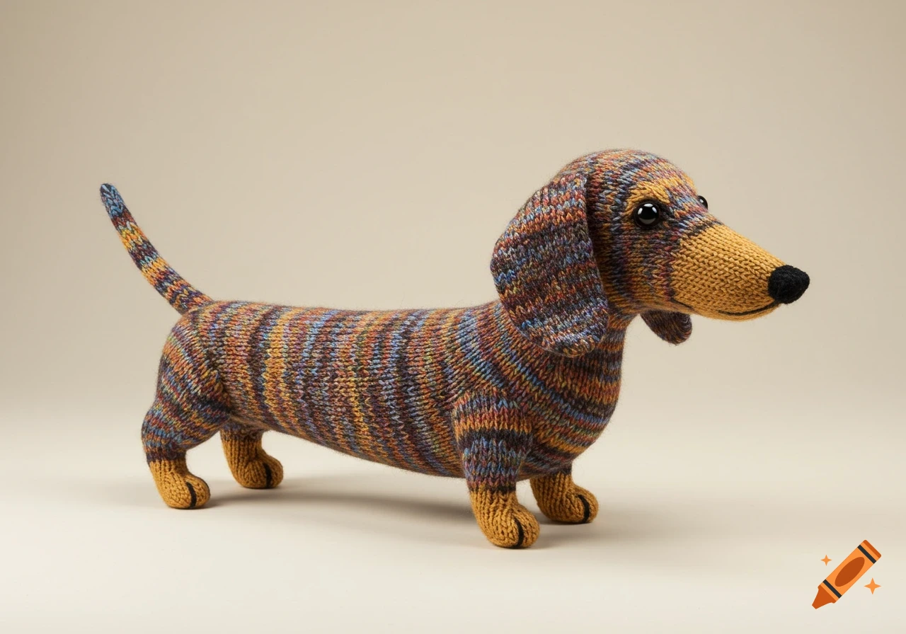 A knitted dachshund toy made of colorful yarn