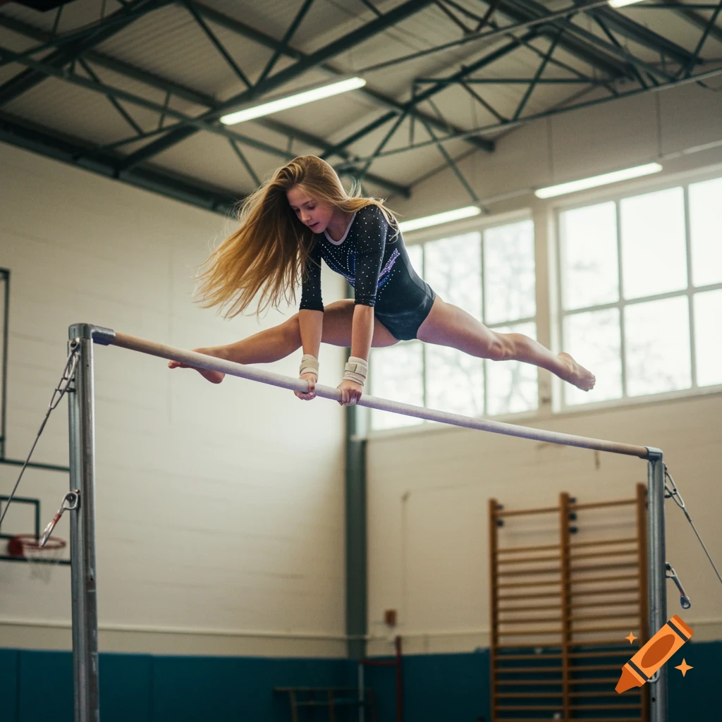 A young female gymnast performs a split on the uneven bars in a gym.