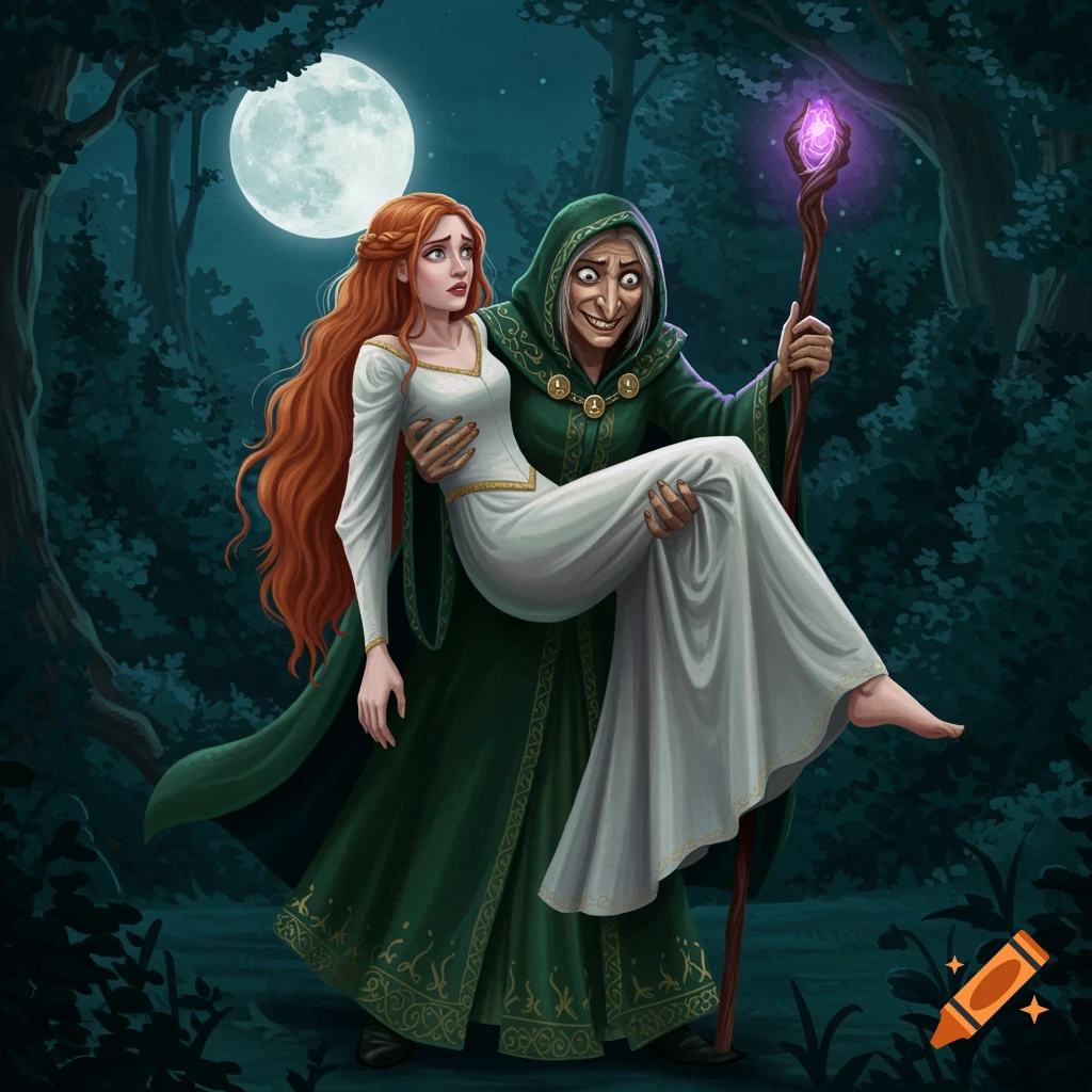 A witch carries a princess through a dark forest under a full moon in a fantasy illustration.