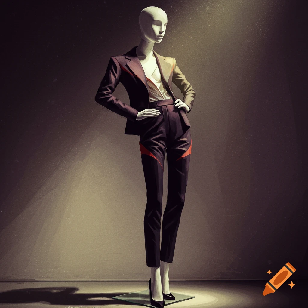 Stylized illustration of a mannequin wearing a dark suit with red accents, standing in a spotlight.