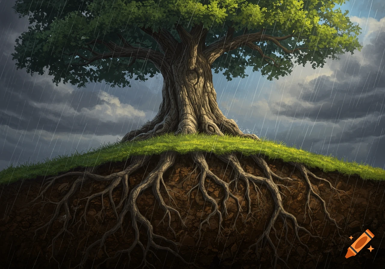 Illustrative image of a tree on a hill in the rain, showing its roots underground.
