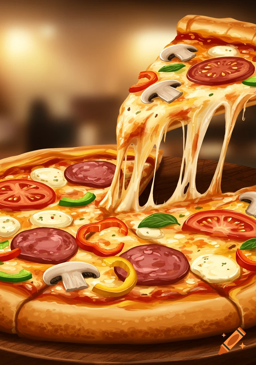 A slice of pizza being lifted, showing stretchy cheese pull, with toppings of pepperoni, mushrooms, peppers, and tomato.