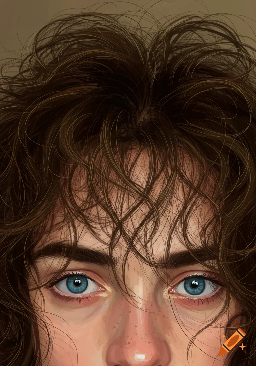 Close-up digital painting of blue eyes and messy brown hair.