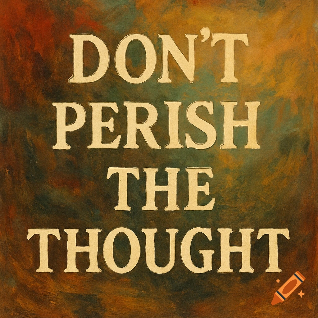 Quote 'Don't Perish The Thought' on a textured background.