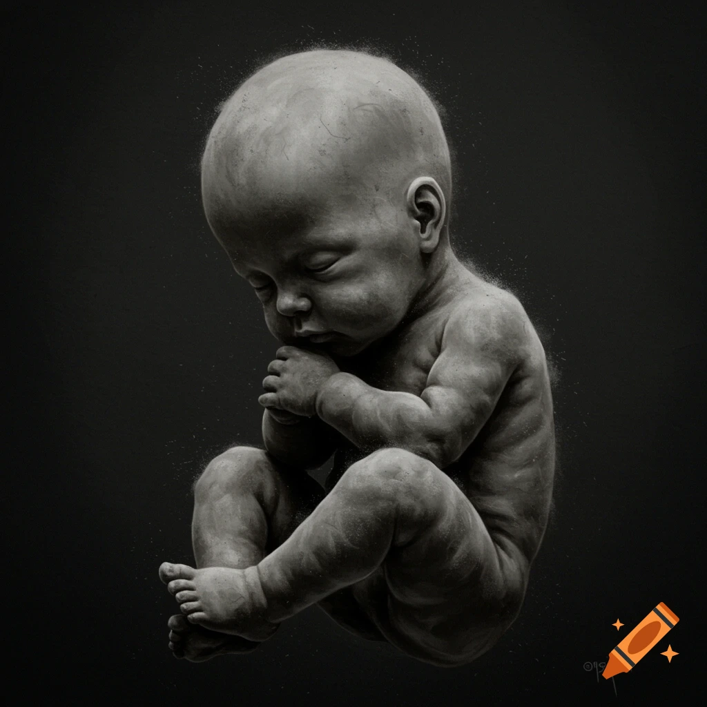 A monochrome image of a baby in a fetal position, rendered to look like it is made of ash.