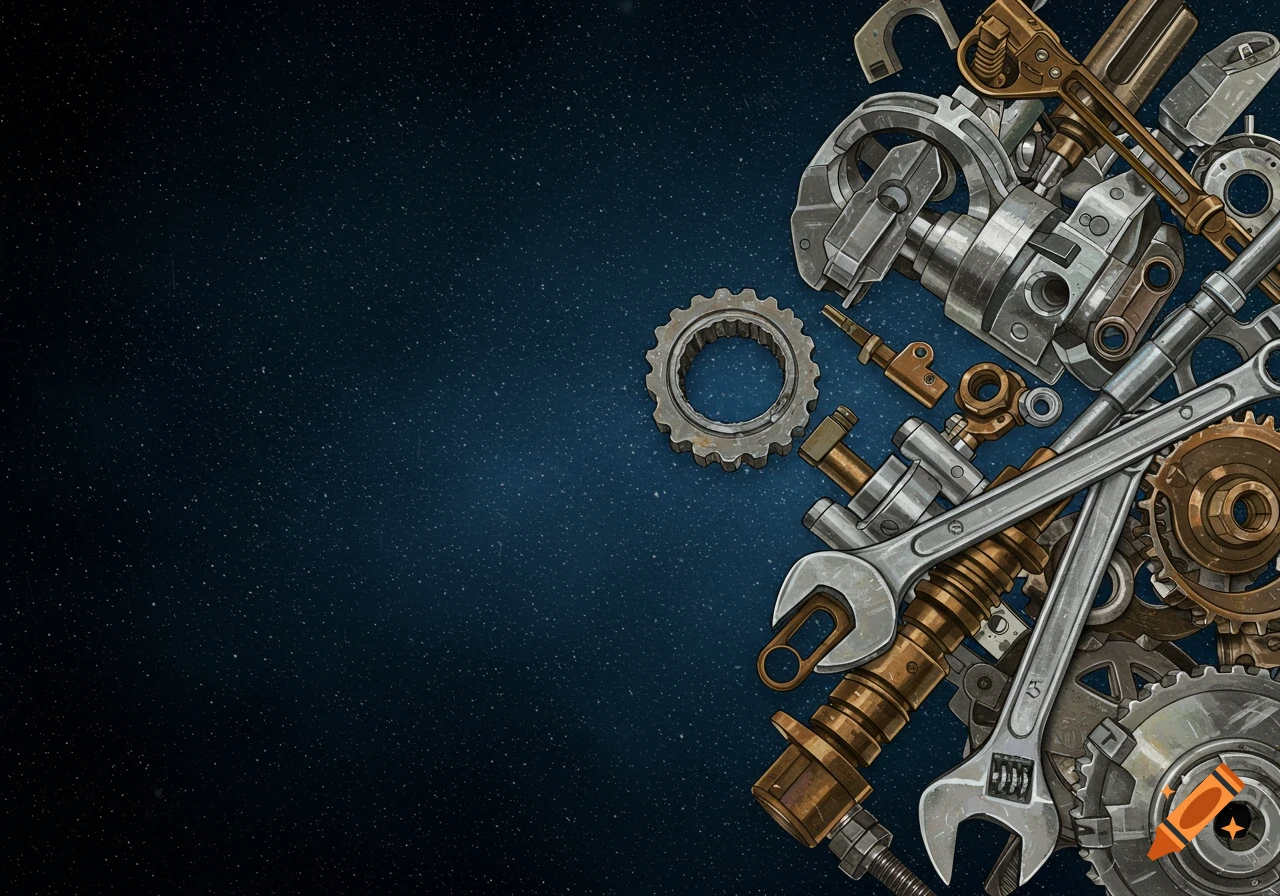 Mechanical tools and gears on a starry blue background.