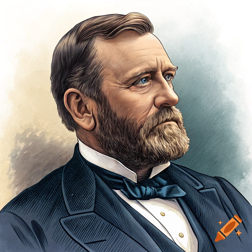 Illustrative portrait of Ulysses S. Grant in formal wear, looking right.