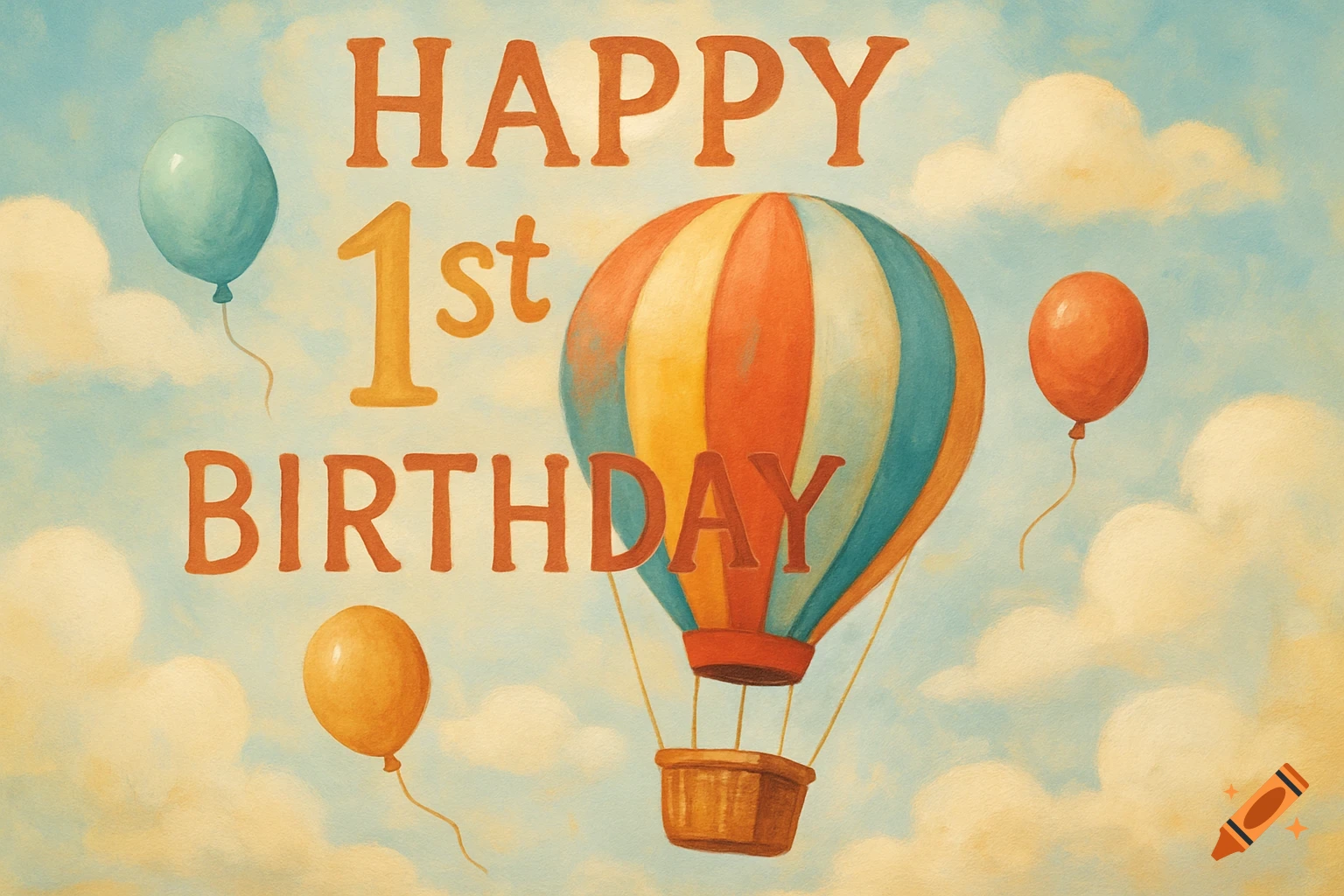 A hot air balloon and balloons float in a cloudy sky with the text "HAPPY 1st BIRTHDAY".