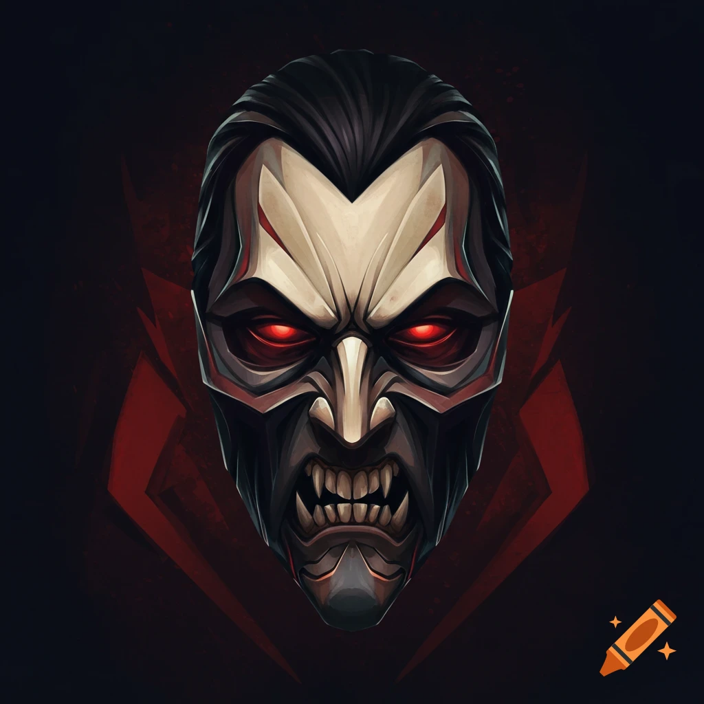 Stylized mask of a creature with red eyes and sharp teeth