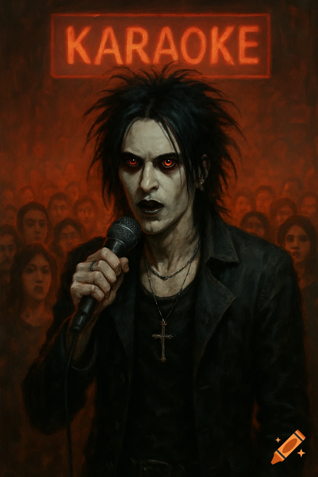 Goth man with red eyes singing karaoke on stage in front of a crowd, painted style.