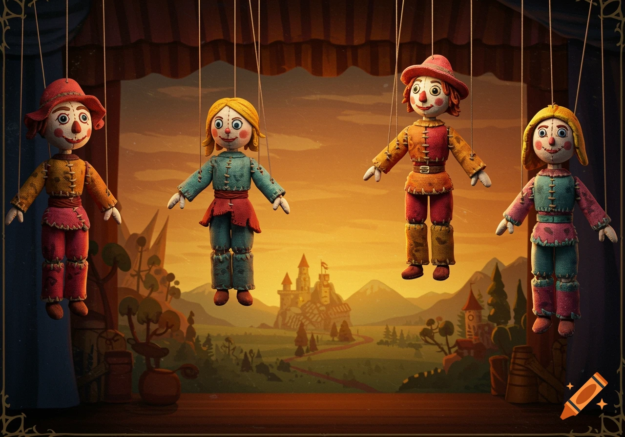 Four string puppets hang on a theater stage in front of a painted landscape backdrop.