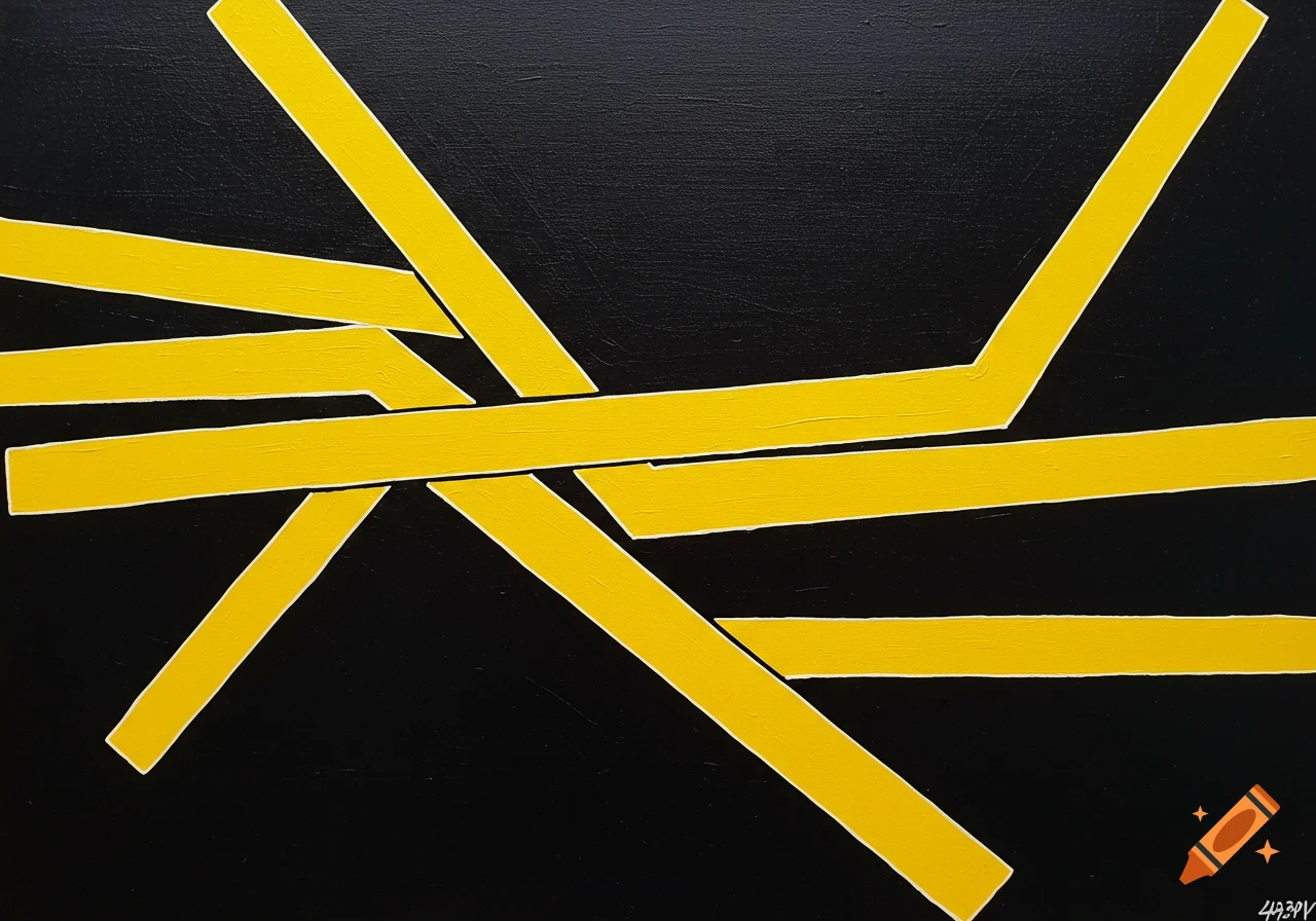 Abstract acrylic painting with yellow geometric strips on a black background.