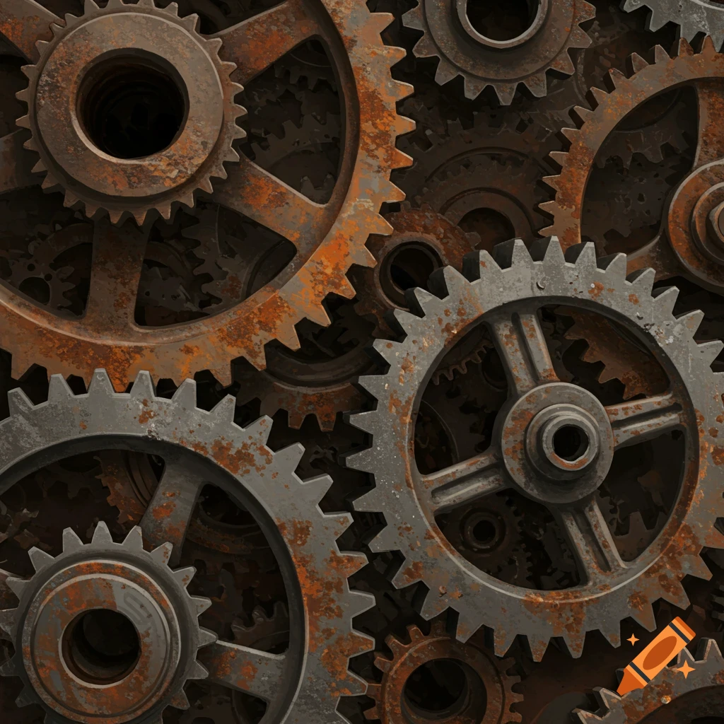 Close-up view of interlocking rusty and metallic gears