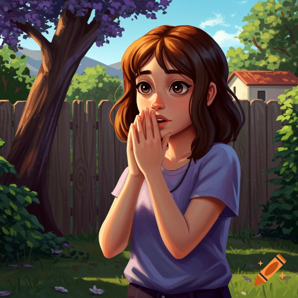 Illustration of a young girl looking surprised in a backyard.