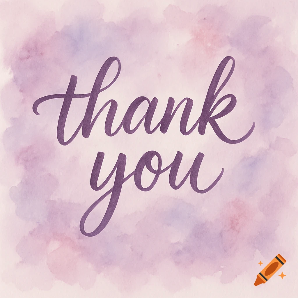 Purple cursive text 'thank you' on a subtle purple and pink watercolor background.
