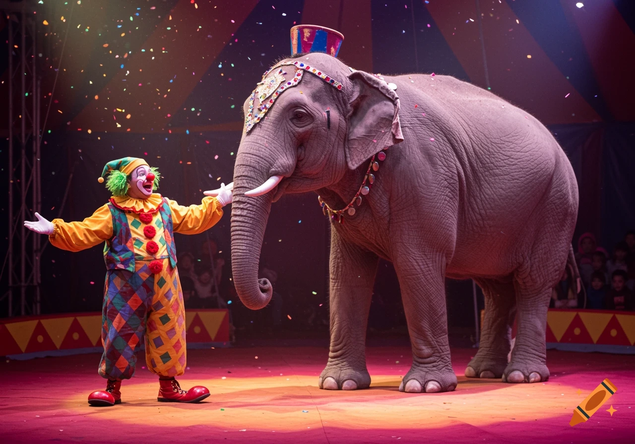 A clown stands with arms outstretched next to an elephant on a circus stage with confetti falling.