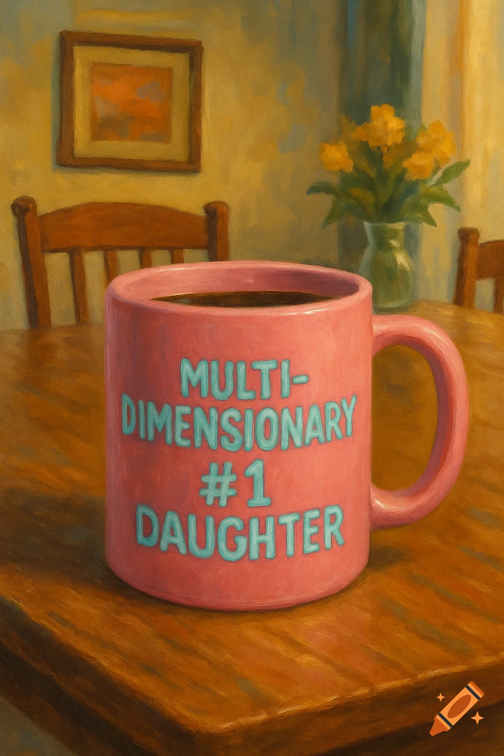 Still life painting of a pink coffee mug on a wooden table with 'MULTIDIMENSIONARY #1 DAUGHTER' written on it.