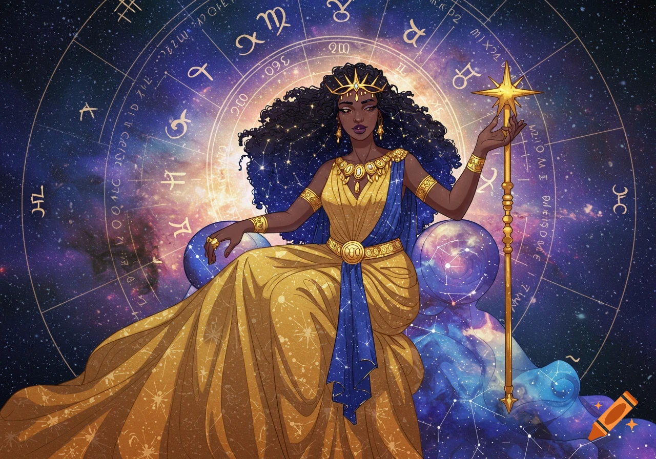 Illustration of a woman in a gold dress sitting on clouds against a background of a starry sky and zodiac chart.