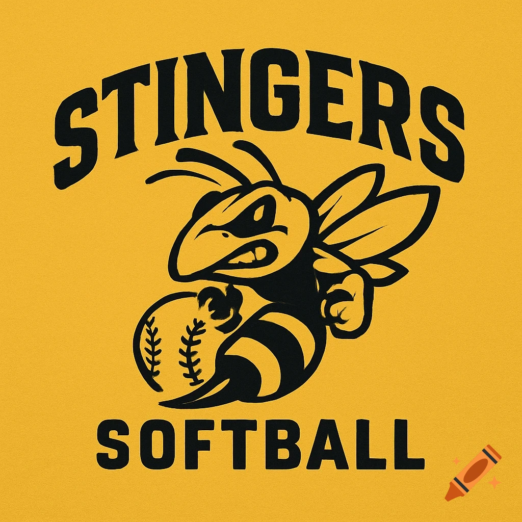 Black and yellow Stingers softball logo with a bee mascot.