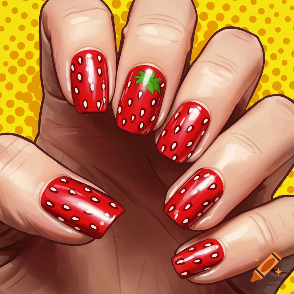Hand with strawberry-themed pop art nail polish.