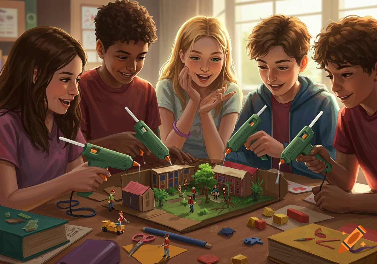 Illustrative image of young students using hot glue guns to build a school diorama.