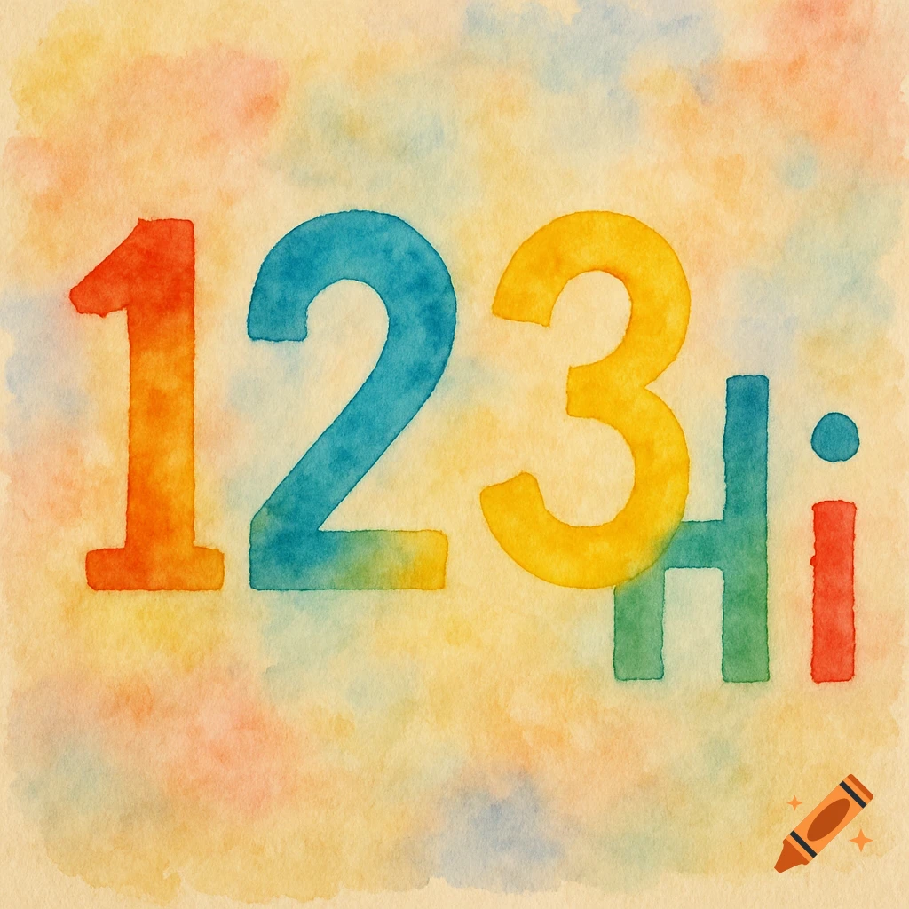 Watercolor illustration of the numbers 123 and the word Hi
