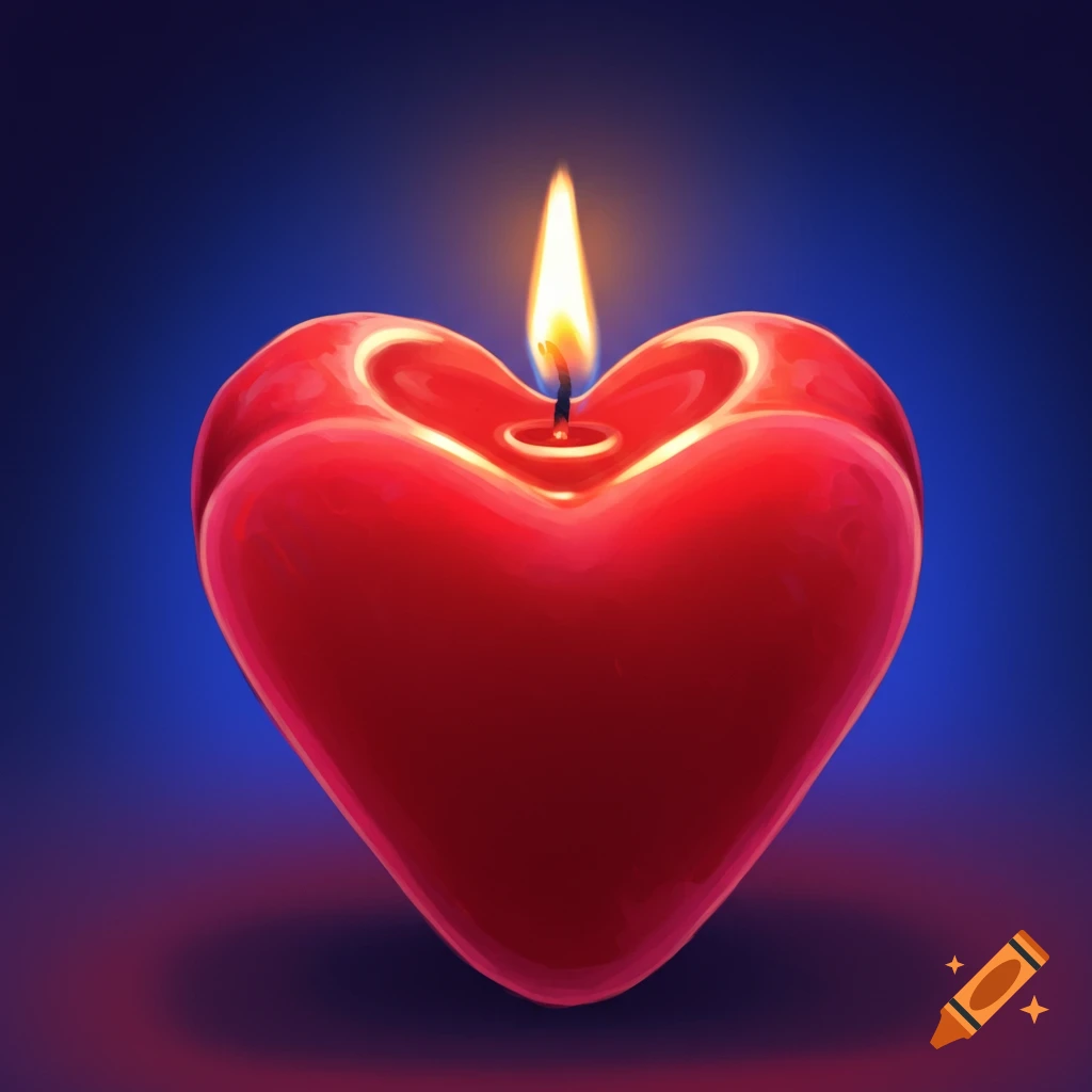 A glossy red heart-shaped candle with a burning flame.
