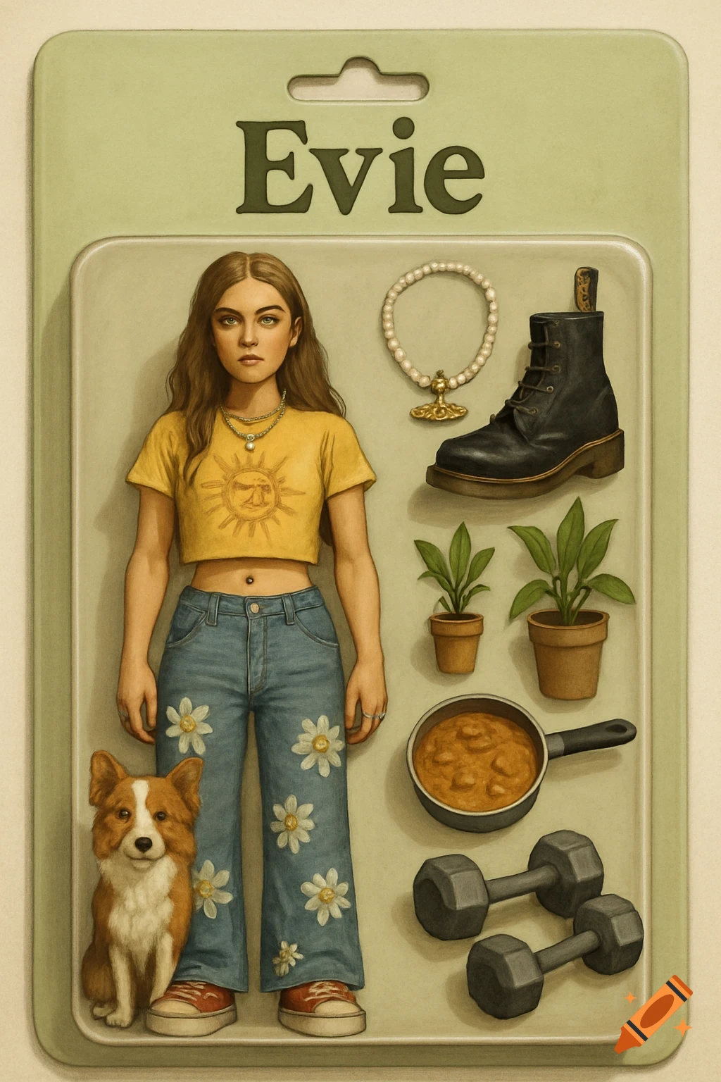 Illustrated action figure package with girl, dog, and accessories in a blister pack labeled 'Evie'.