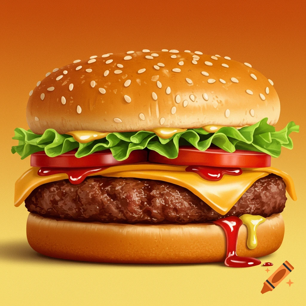 Stylized illustration of a cheeseburger with dripping ketchup and mustard.