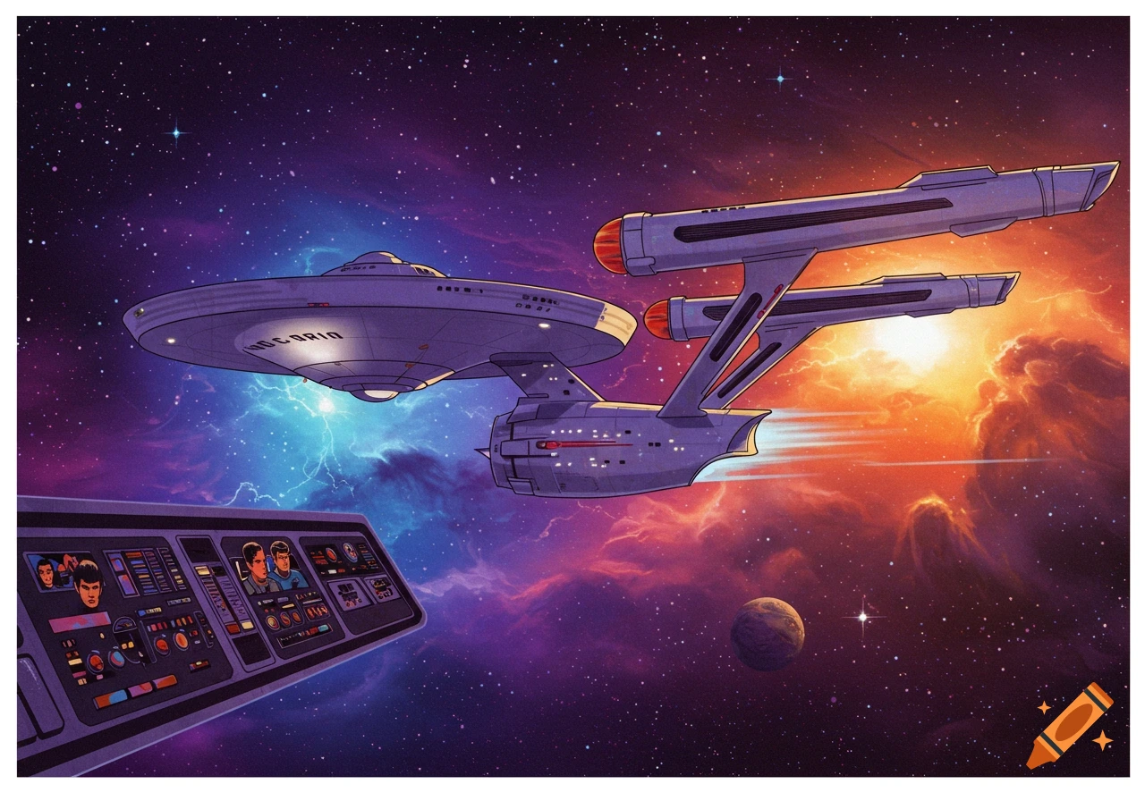 Illustration of the USS Enterprise spaceship flying through a colorful nebula in space, with a view of the ship's bridge console in the foreground.