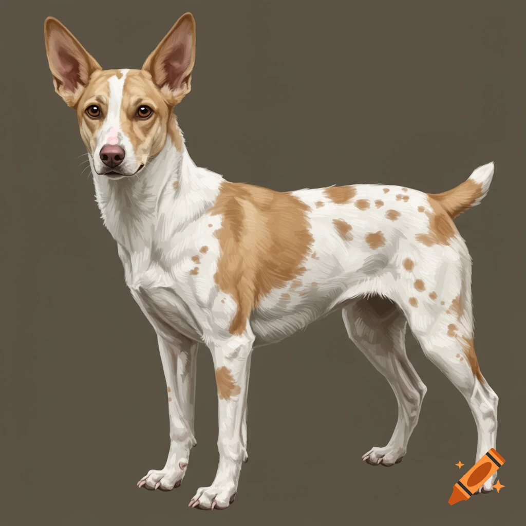 An illustration of a white dog with tan spots standing.