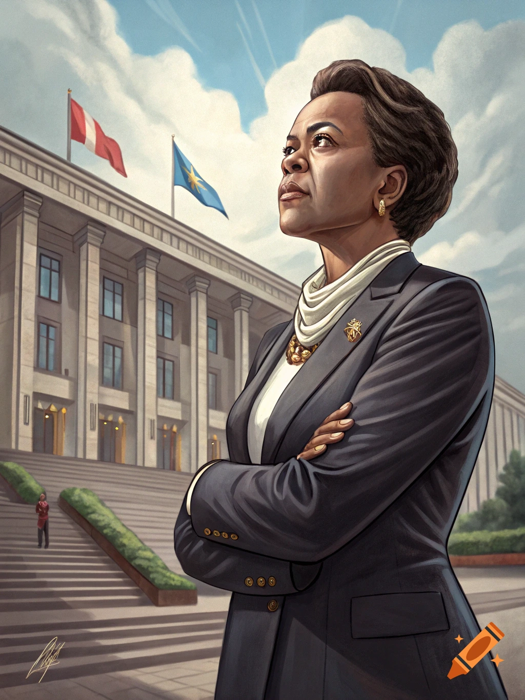 Portrait of a woman in a suit standing confidently in front of a grand building with flags.