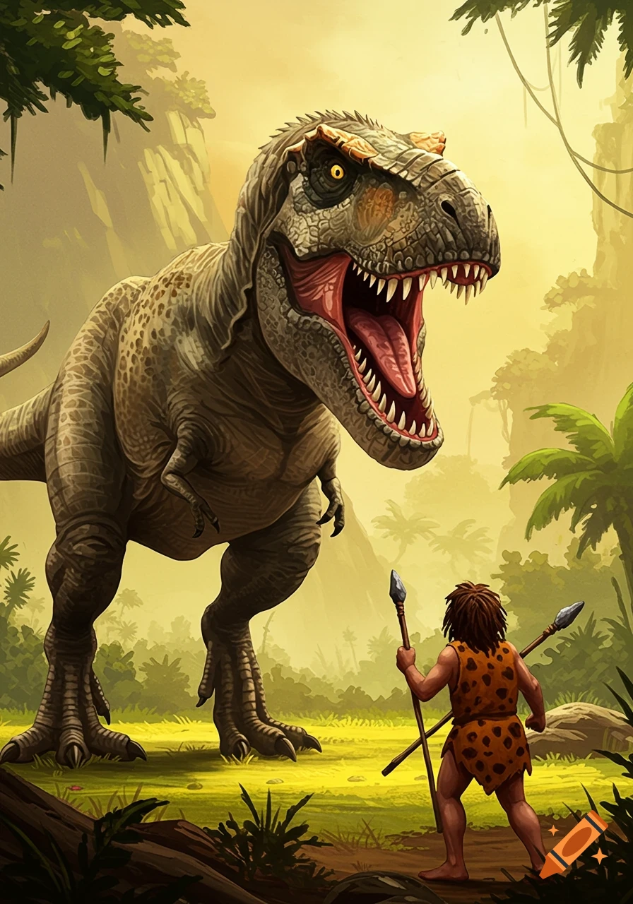 A large T-Rex roars at a caveman with spears in a prehistoric jungle scene.