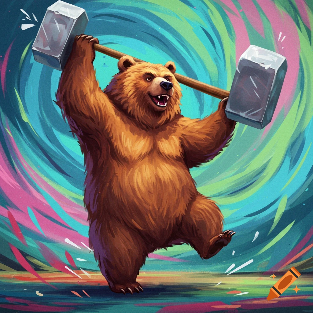 Cartoon bear dancing with a hammer against a colorful swirling background.