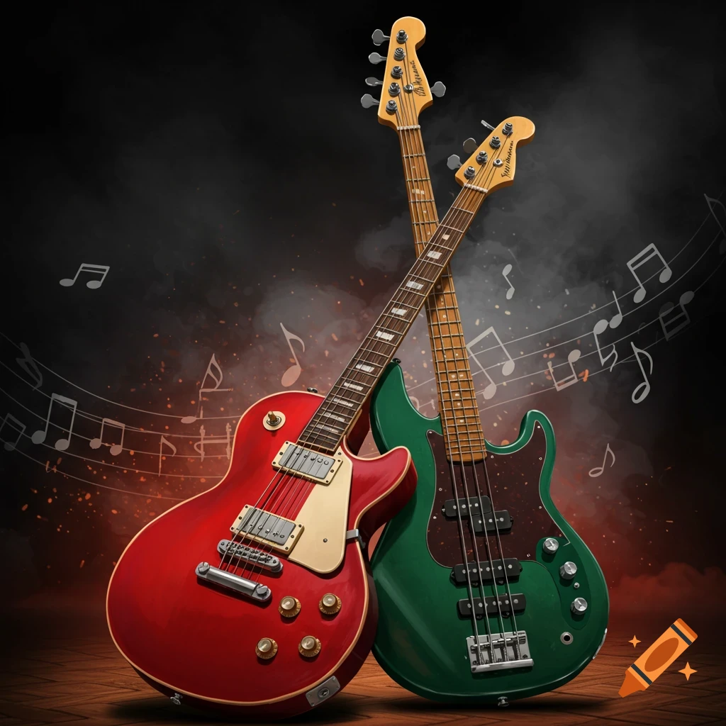 Two guitars, a red electric and a green bass, crossed on a wooden floor with a smoky musical background.