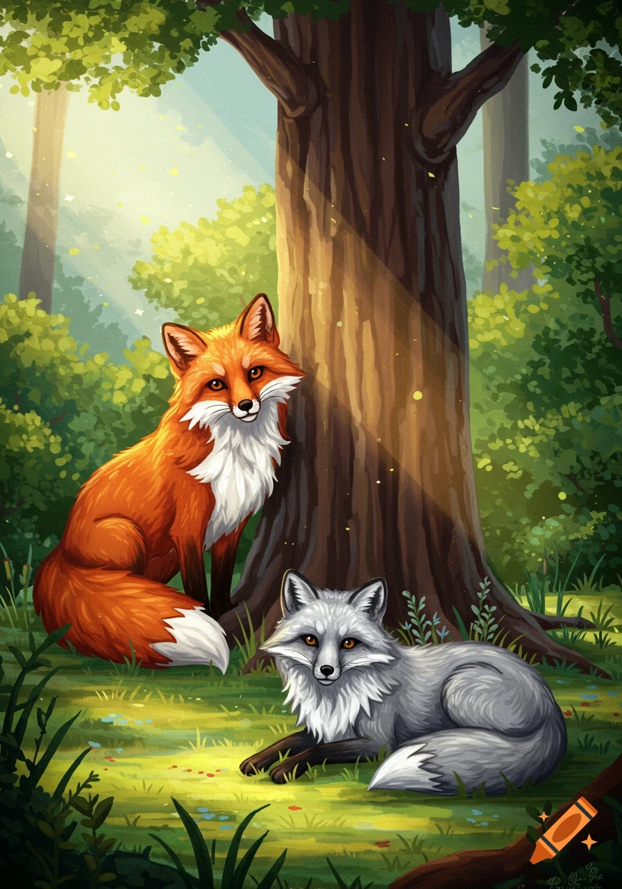 Painterly illustration of an orange fox and a grey fox sitting in a sunlit forest clearing.