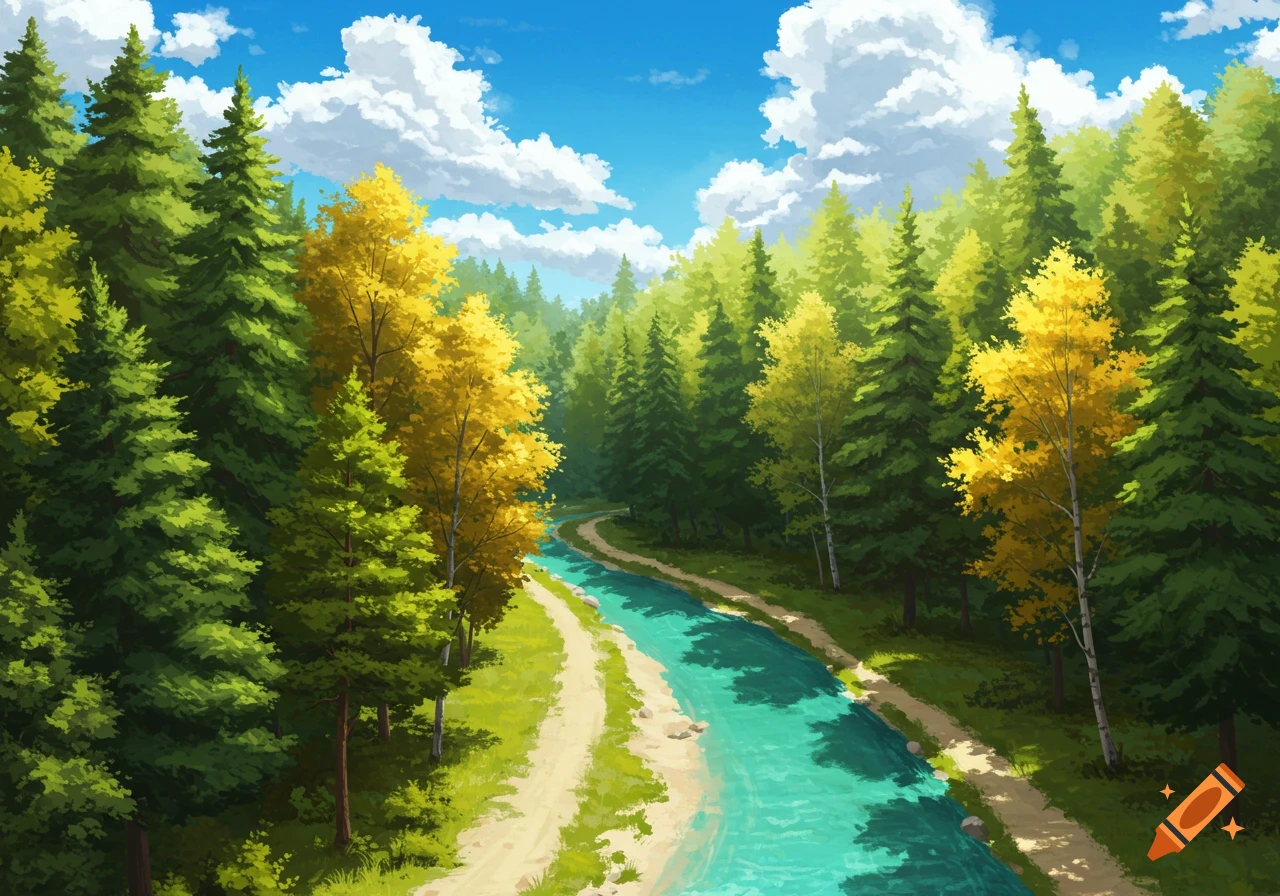 A river and path wind through a forest with green and yellow trees under a cloudy blue sky, digital painting.