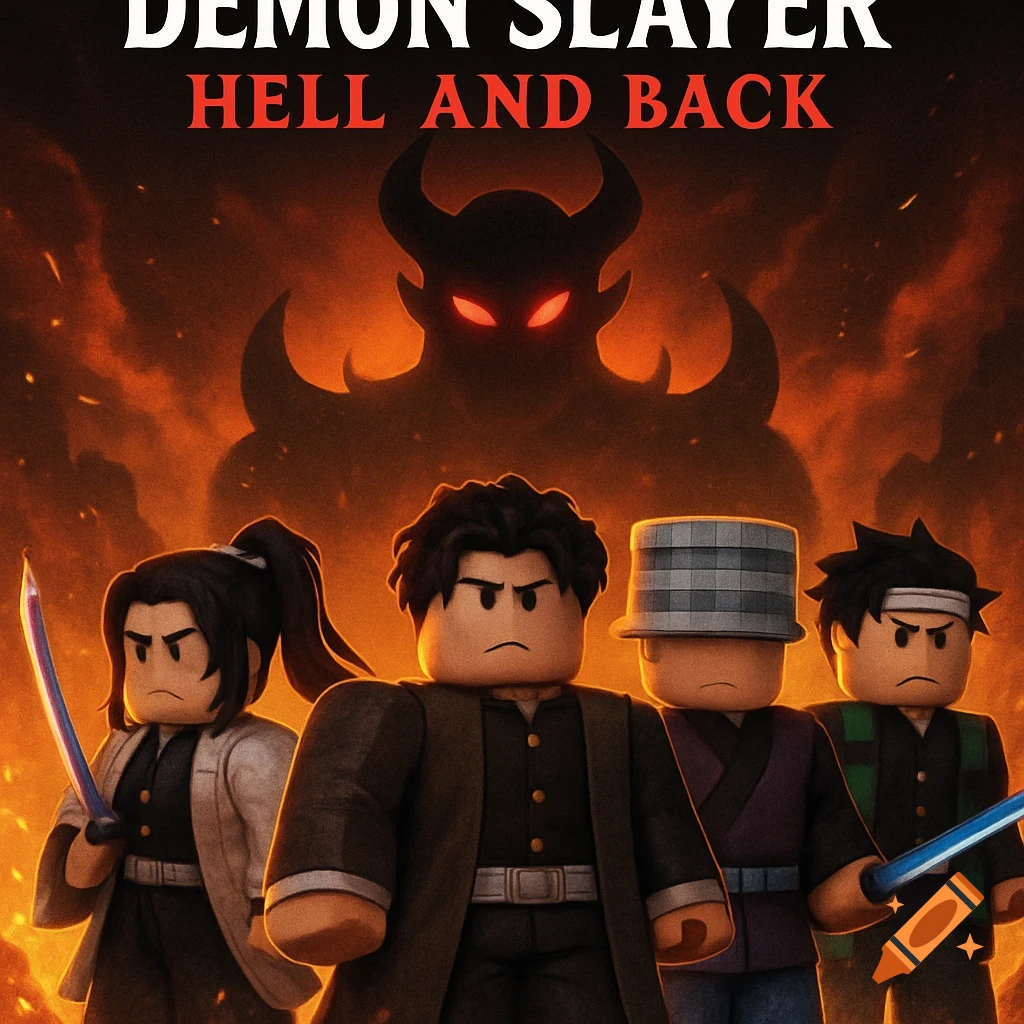 Roblox game cover with four characters and a demon silhouette in a fiery landscape, titled 'Demon Slayer: Hell and Back'