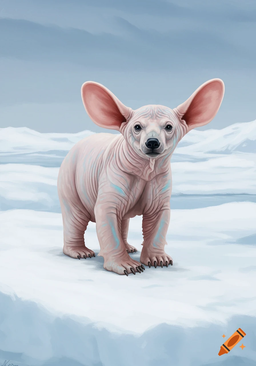 A hairless creature with large ears resembling a bear stands on snowy ice. Digital painting.