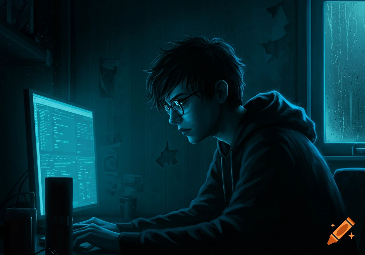 Young person with glasses coding on a computer in a dark, blue-lit room during rain.