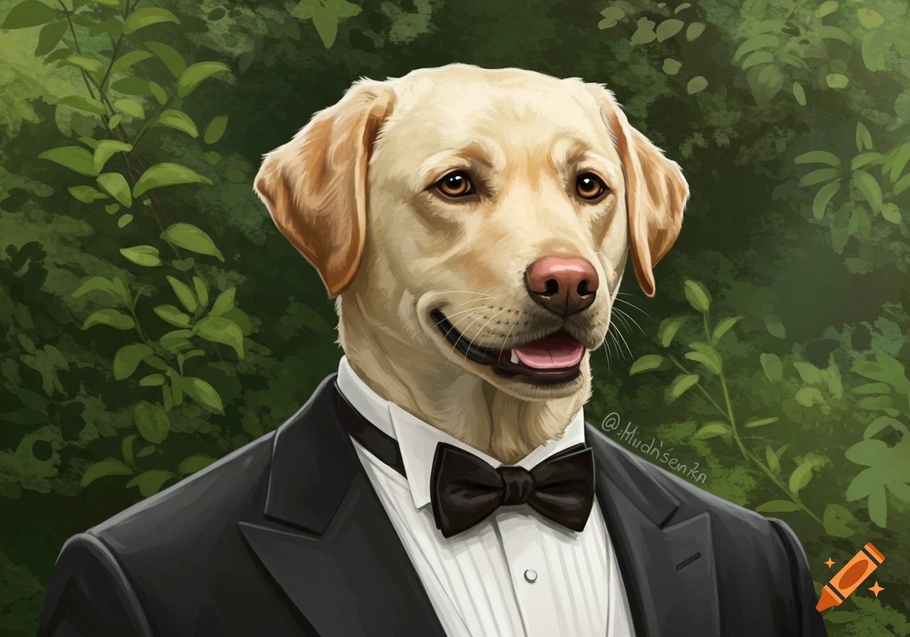 Digital painting of a yellow Labrador Retriever wearing a black tuxedo and bowtie.
