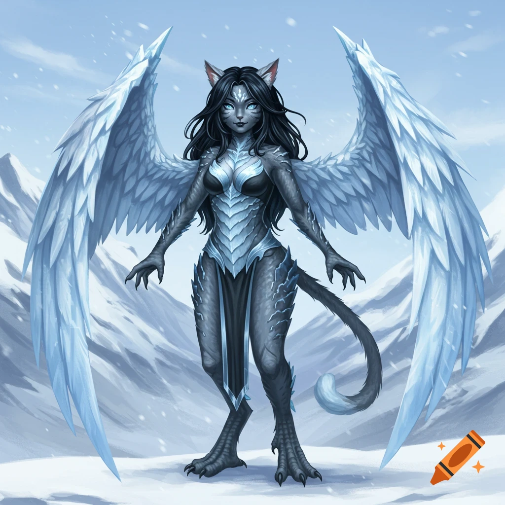 A fantasy character with cat ears, a tail, ice wings, and scales stands in a snowy mountain landscape.