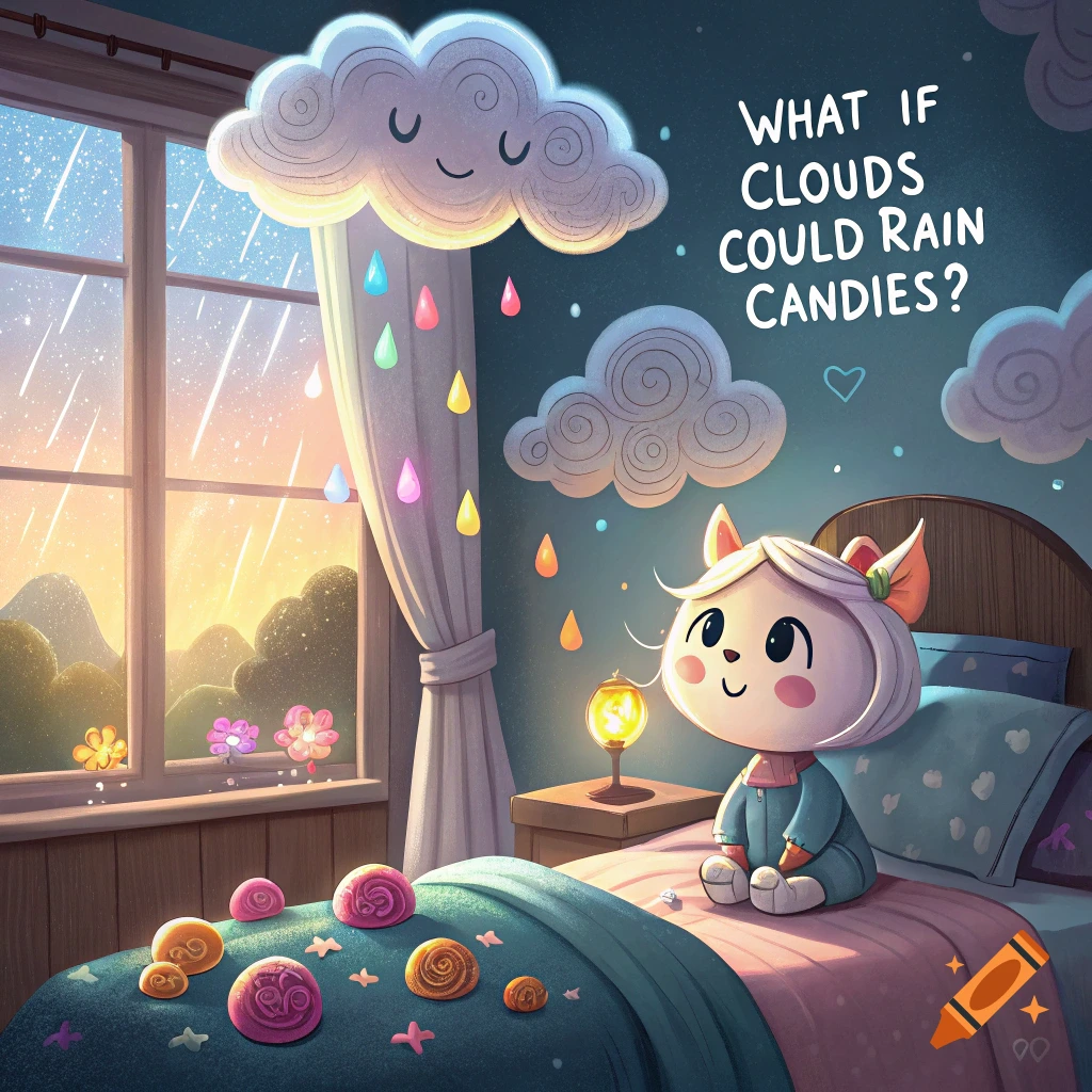 A cartoon cat sits on a bed in a room as clouds outside the window rain colorful candies.