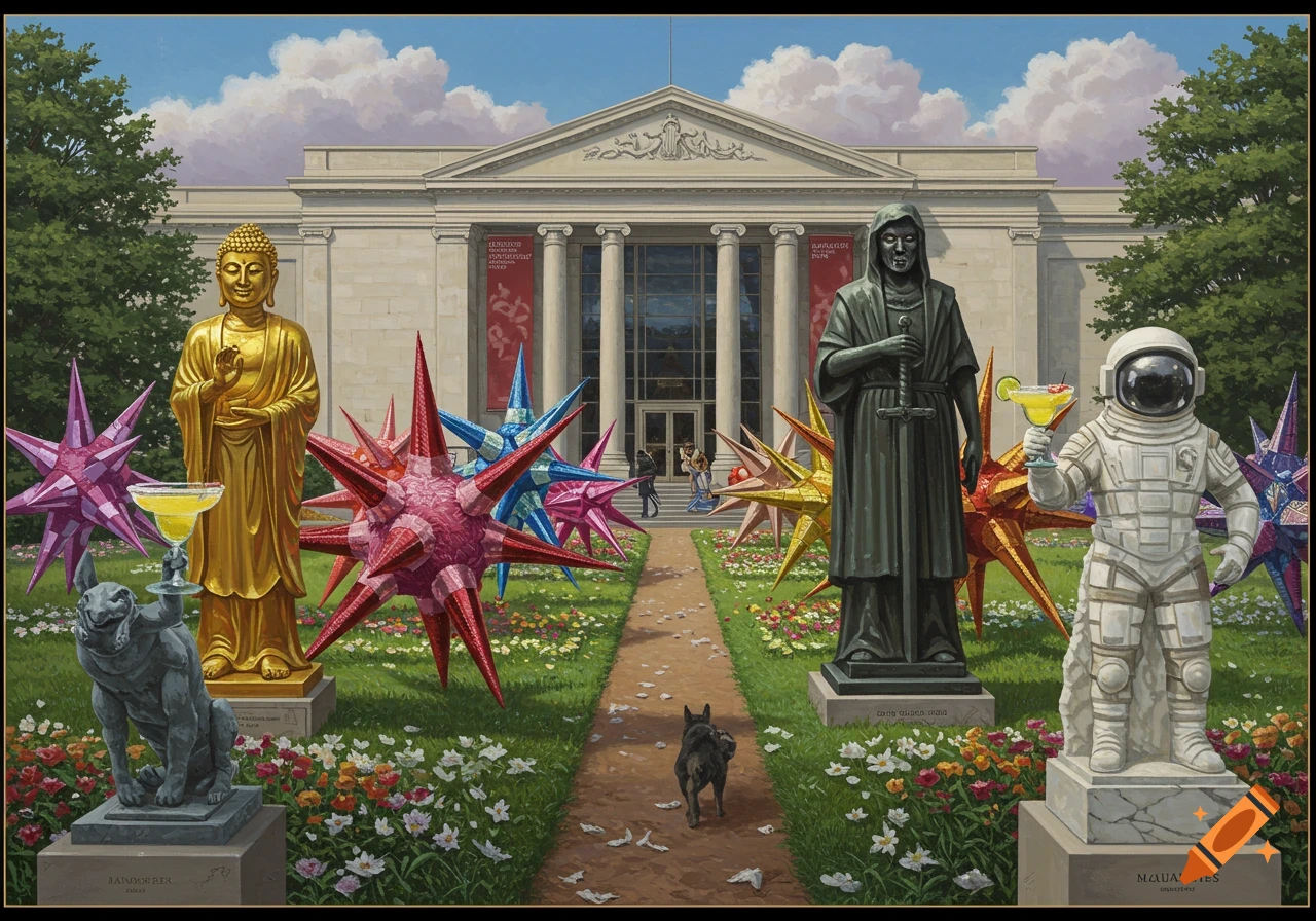 Painting of an expansive garden with statues (Buddha, cloaked figure, astronaut) and spiky sculptures in front of a museum.