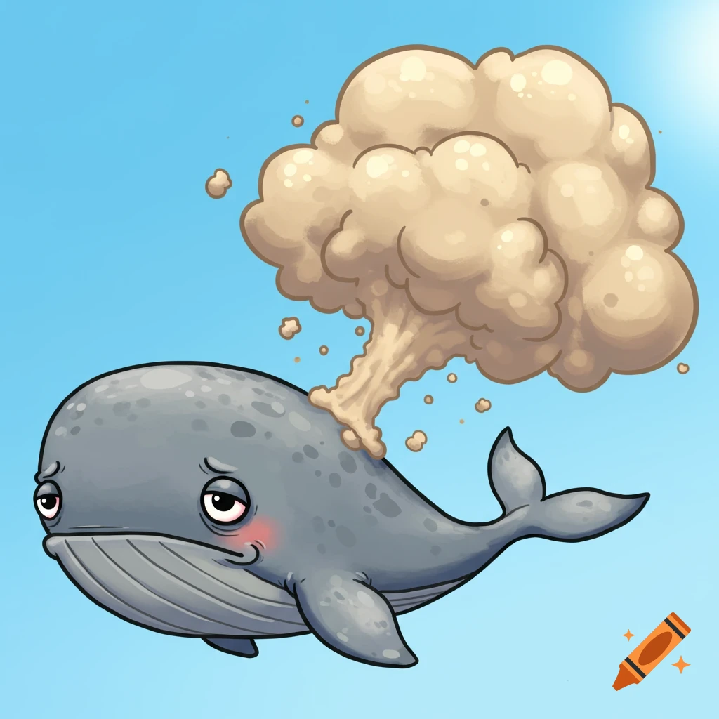 A cartoon whale looking sheepish with a large fart cloud.