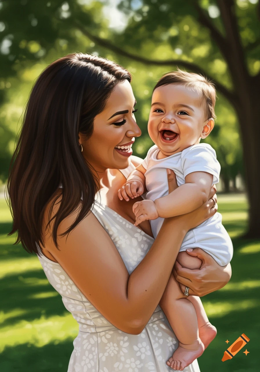 A mother holds her laughing baby son in a park, rendered in a painterly style.