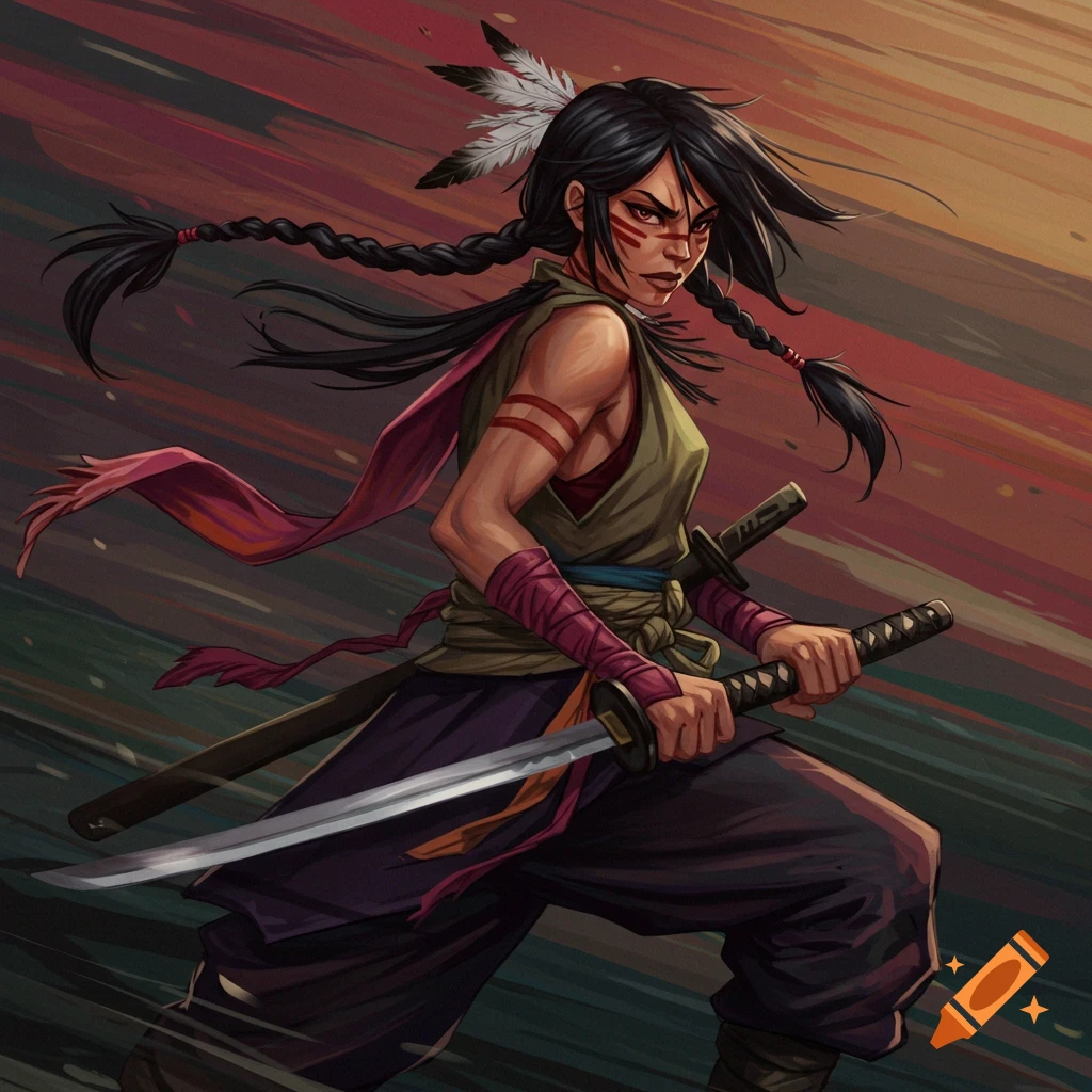 Indigenous woman warrior with face paint holding two swords in a dynamic pose.